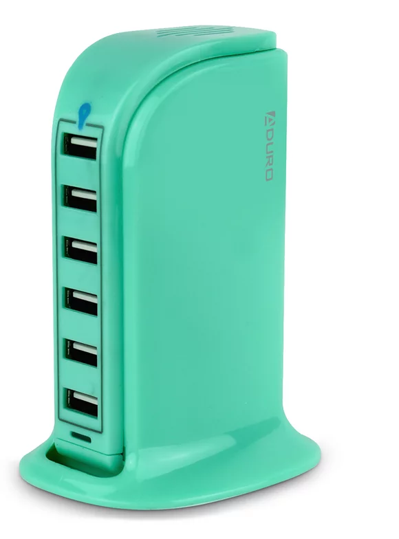 Aduro 40W 6-Port USB Desktop Charging Station Hub Wall Charger for iPhone iPad Tablets Smartphones with Smart Flow Turquoise