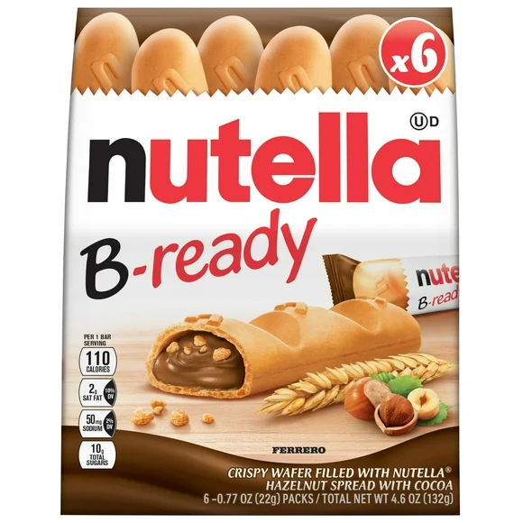 Nutella B-ready, Hazelnut Spread With Cocoa, Snack Bar Pack, 6 Individually Wrapped Bars