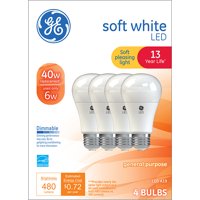 GE LED 6W (40W Equivalent) Soft White A19 General Purpose Light Bulbs, Medium Base, Dimmable, 4pk