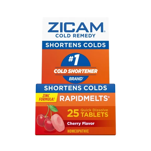 Zicam Cold Remedy Zinc Rapidmelts, Cherry Flavor, Homeopathic, Cold Shortening Medicine, Shortens Cold Duration, 25 Count