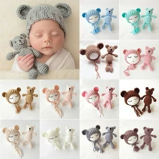 2pcs Set Newborn Baby Unsex Photography Prop Photo Crochet Knit Toy Bear Hat