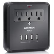 BESTTEN USB Wall Outlet Surge Protector, 4 USB Charging Ports (5V/4.2A), 3 AC Outlets and 2 Slide-Out Phone Holders, 15A/125V/1875W, ETL Listed, Black
