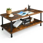 Gymax Industrial Coffee Table Rustic Accent Table Storage Shelf Living Room Furniture