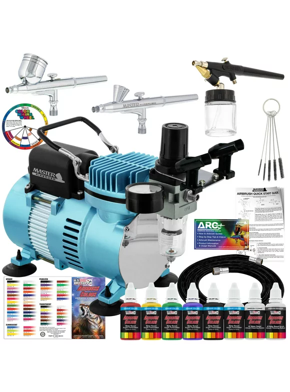 Master Airbrush Professional 3 Airbrush System with Compressor and 6 Color Primary Paint Set