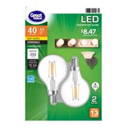 Great Value LED Light Bulb, 4.5 Watts (40W Equivalent) G16 Small Globe E12 Candelabra Base, Non-dimmable, Soft White, 2-Pack