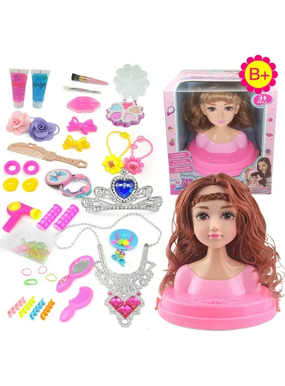Kids Dolls Styling Head Makeup Comb Hair Toy Doll Set Pretend Play Princess Dressing Play Toys For Little Girls Makeup Learning Ideal Present