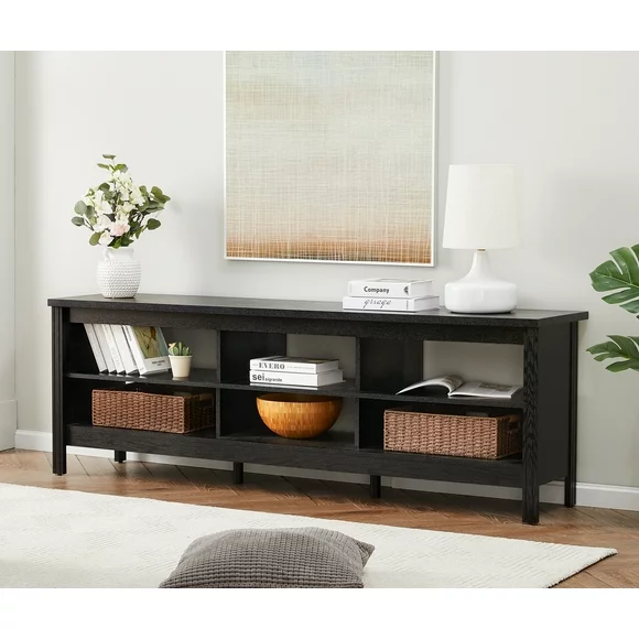 Farmhouse TV Stand for 75 inch TV with 6 Cubby for Living Room, Wood TV Console for Bedroom, 70 inch Black
