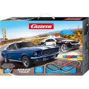 Carrera Battery Operated 1:43 Scale Speed Trap Slot Car Race Track Set w/ Jump Ramp featuring Ford Mustang versus Chevrolet Camaro Sheriff