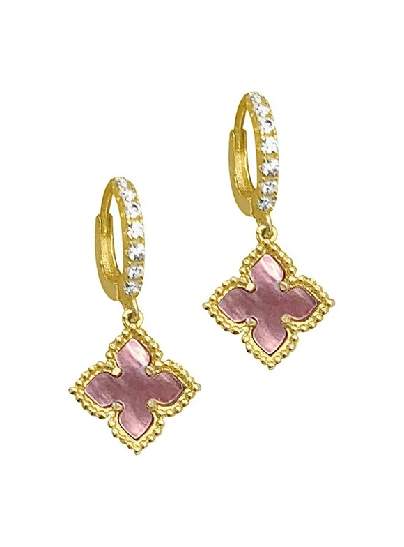 Adornia Women's 14k Gold Plated Floral Dangle Hoops Pink Mother-of-Pearl