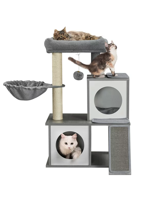 SMILE MART Multilevel Cat Tree Wooden Activity Tower with Two Condos Perch Scratching Posts Basket, Light Gray