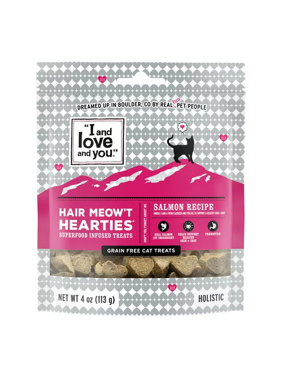 "I and love and you" Hair Meow't Hearties Cat Treats, Salmon Recipe, 4oz Bag