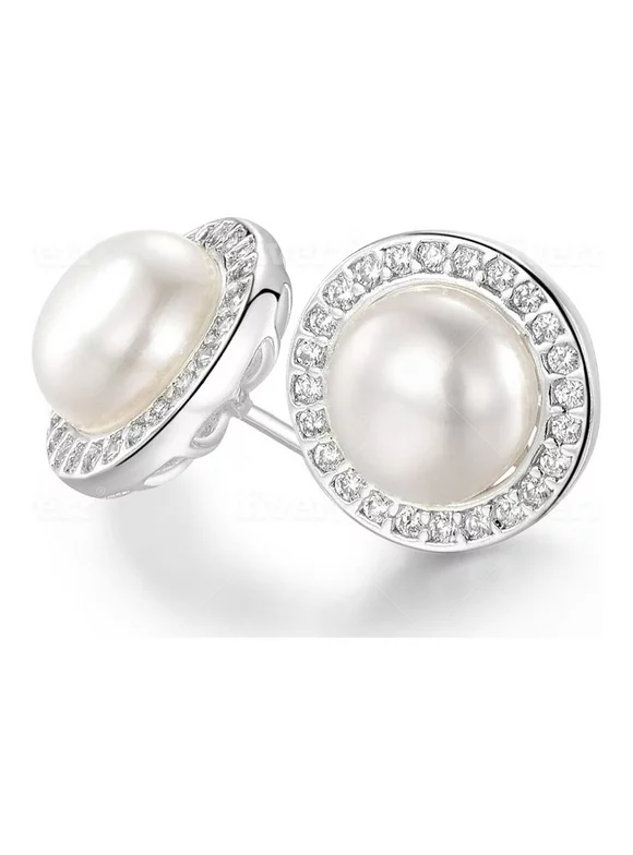 18K White Gold Plated 10 MM  FW Cultured White Pearl Halo Stud Earrings Pack Of  4