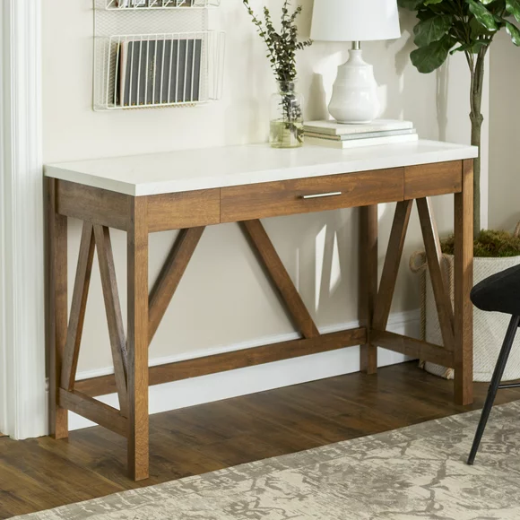Manor Park Rustic Farmhouse Computer Writing Desk with Drawer, Natural Walnut/White Marble