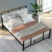 Queen Size Metal Platform Bed for Adults, 81.5'' x 61.8'' x 39'' Metal Bed Frame w/Footboard, Mattress Foundation w/11 Bed Slats, Noise-Free, Max Under-bed Storage, 400lbs, S2064