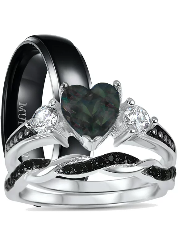 His and Hers 3 Piece TRIO Sterling Silver Black Wedding Band Engagement Ring Set 11/7