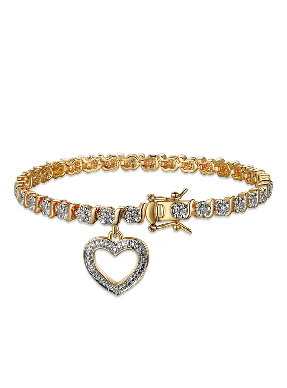Forever Facets Women's 18K Yellow Gold Plated Diamond Accent Open Heart Charm Tennis Bracelet, 7.25"