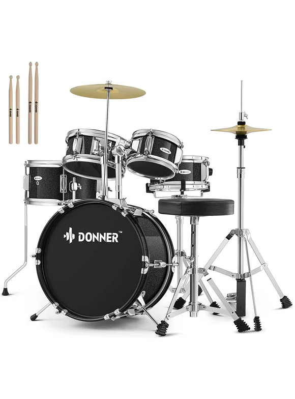 Donner Drum Set 14 inch 5-Piece for Beginners, Complete Junior Drum Kit with Adjustable Throne, Cymbal, Hi-Hat, Pedal & Drumstick, Metallic Black