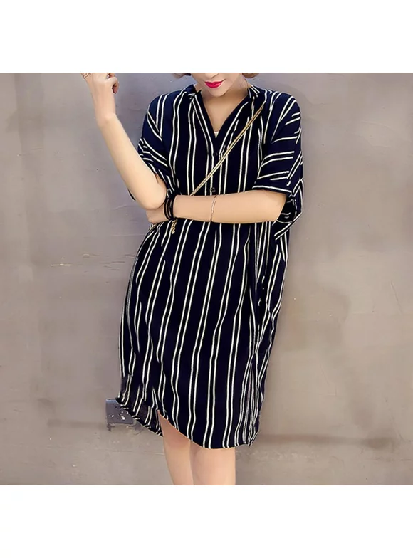 Plus Size Loose 5XL Striped Dress Women V Neck 2018 Fashion Short Sleeve Print Stripe Dress Beach Cotton Femme Vestidos