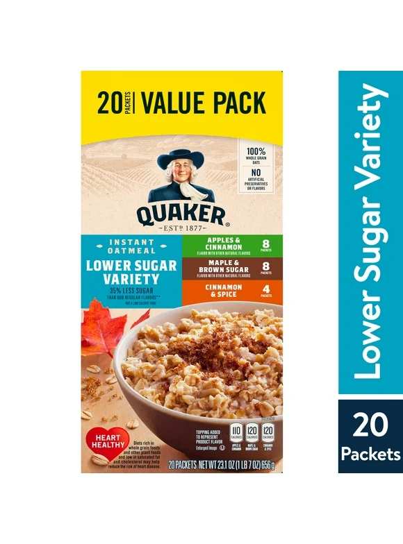 Quaker, Instant Oatmeal, Lower Sugar Variety Pack, 1.16 oz, 20 Packets