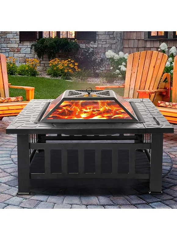 Fire Pits for Outside, 32" Wood Burning Fire Pit Tables with Screen Lid, Poker, Backyard Patio Garden Outdoor Fire Pit/Ice Pit/BBQ Fire Pit, Black