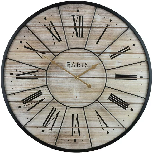 Sorbus Paris Oversized Wall Clock, Centurion Roman Numeral Hands, Parisian French Country Rustic Large Decorative Modern Farmhouse Decor Ideal for Living Room, Analog Wood Metal Clock, 24 Round