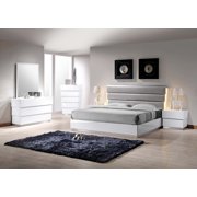 Beautiful Modern White Lacquer Florence Eastern King Bedroom 4pc Set Headboard Gray Leather Like Exterior w LED Lights Dresser Mirror Nightstand