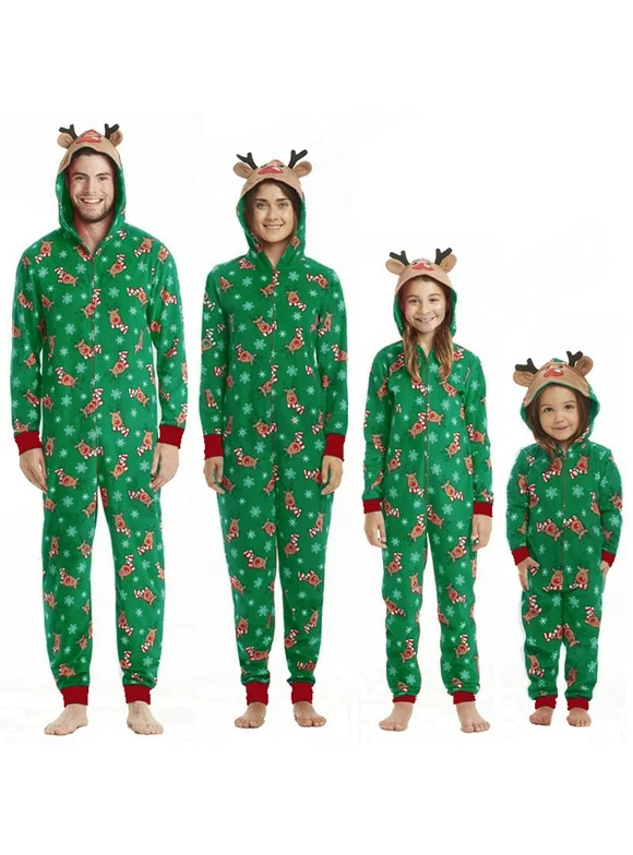 Calsunbaby Christmas Family Matching Hoodie Pajamas Reindeer One Piece Jumpsuit Zipper Pjs for Adult Kids Baby
