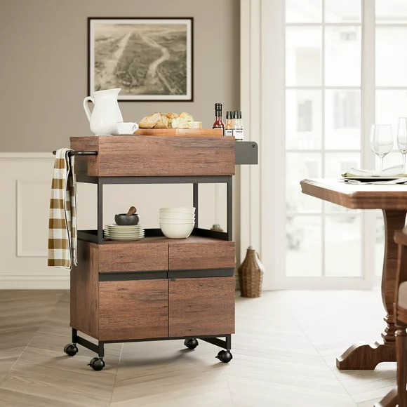WAMPAT Rolling Kitchen Island with Storage Cabinet，Trolley Cart with Open Shelf for Home Kitchen