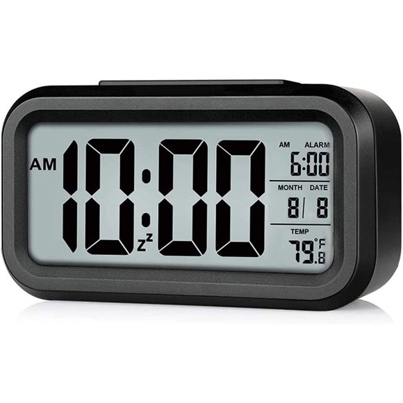 Alarm Clock for Bedrooms, Smart Night Light, Battery Operated Small Easy Desk Bedside Gifts Clock Black