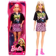 Barbie Fashionistas Doll #155 with Long Blonde Hair Wearing Rock Graphic T-Shirt, Animal-Print Skirt, Pink Booties & Earrings, Toy for Kids 3 to 8 Years Old