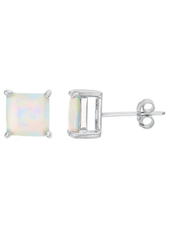 i925 Jewelry Sterling Silver Created White Opal 5mm Square Stud Earrings