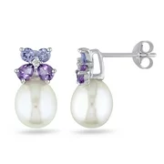 8-8.5mm Freshwater Cultured Pearl, 1 Carat T.G.W. Tanzanite and Amethyst, and Diamond-Accent Sterling Silver Drop Earrings