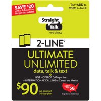 Straight Talk $90 ULTIMATE UNLIMITED 2-line 30-Day Plan plus 15GB Hotspot Data per line e-PIN Top Up (Email Delivery)