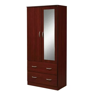 Hodedah Two Door Wardrobe with Two Drawers and Hanging Rod plus Mirror, Mahogany
