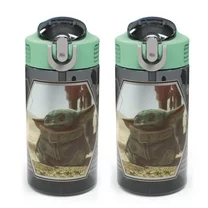 Zak Designs 2pc 16 oz Star Wars Kids Water Bottle Plastic with Push-Button,The Mandalorian Baby Yoda