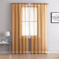 Single (1) Sheer Rod Pocket Window Curtain Panel: 55"W X 90"L, Plaid/Check Design (Gold)