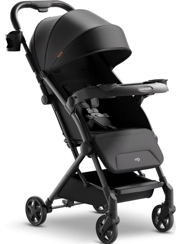 Mompush Lithe V2 Lightweight Stroller with Snack Tray, Near Flat Recline Seat, Newborn Nest Mode, Black, Unisex