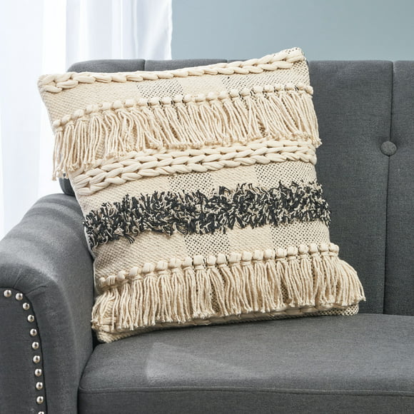 Noble House Antwone Boho Handcrafted Fabric Pillow Cover, Natural and Gray
