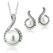 Sterling Silver White Freshwater Cultured Pearl and Diamond Accent Swirl Necklace and Earrings Set