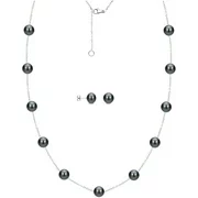 ADDURN 6mm x 7mm Black Cultured Freshwater Pearl Sterling Silver Station Necklace and Matching Earring Set, 18" with 2" Extender