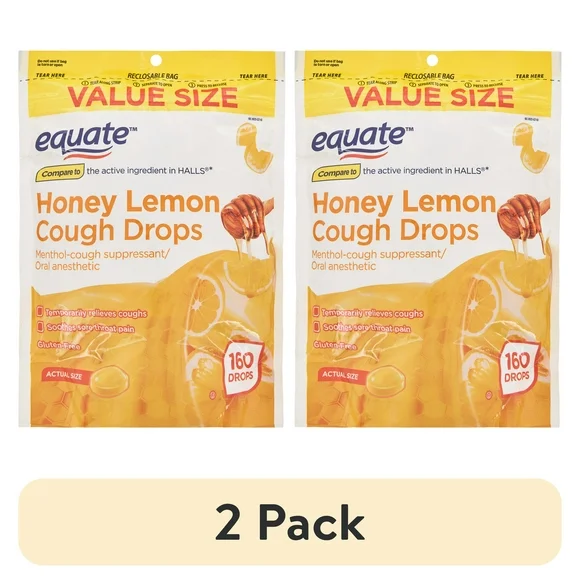 (2 pack) Equate Value Size Honey Lemon Cough Drops with Menthol, 160 Count
