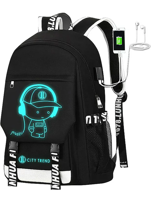 Ficcug Luminous School Bags Backpacks,16" Laptop Backpack with USB Charge Port,Shoulder Student Travel Bookbags for Boys Girls Women Men Teens,Black
