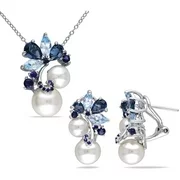 6-9.5mm White Cultured Freshwater Pearl and 5-3/4 Carat T.G.W. London and Sky Blue Topaz and Sapphire Sterling Silver Earring and Pendant Set, 18