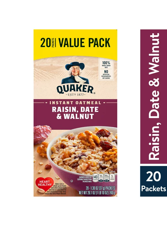 Quaker, Instant Oatmeal, Raisin, Date & Walnut, 1.30 oz, 20 Packets