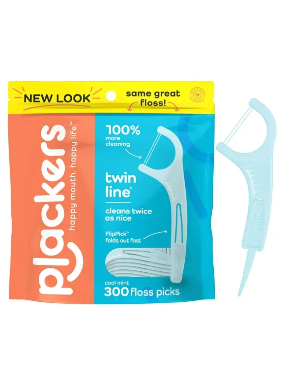 Plackers Twin Line Dental Floss Picks, Dual-Line Tuffloss, Easy Storage, Cool Mint Flavor, 300 Count