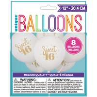Latex Gold Script Sweet 16 Balloons, White, 12 in, 8ct