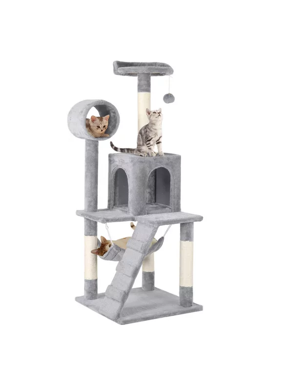 Yaheetech 51-in Cat Tree & Condo Scratching Post Tower, Light Gray