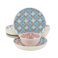 Better Homes & Gardens 12-Piece Sabine Tile Print Melamine Dinnerware Set, Blue