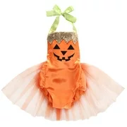 StylesILove Baby Girl Halloween Pumpkin Costume Bodysuit Tutu Skirt (70/3-6 Months, Orange Pumpkin)