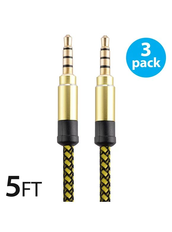 3.5mm Auxiliary AUX Cable Cord M/M Stereo Audio Compatible with iPhone 6/6s, 6/6s Plus, 5/5s/5c, Samsung Galaxy S8 S9 S10, iPad, Tablets, Mac, Bluetooth Speaker, Yellow, UNIVERSAL [3-Pack]